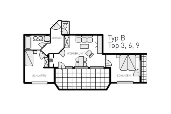Grundriss Typ B - Ferienwohnungen in Filzmoos, Appartementhaus St. Georg